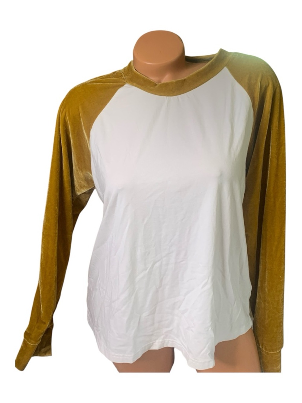 Altar'd State boho mixed media White & Mustard Velvet Raglan long sleeve Top L